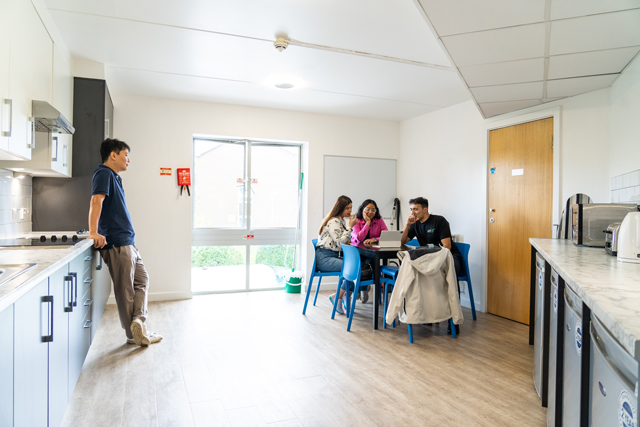Students conversing in kitchen