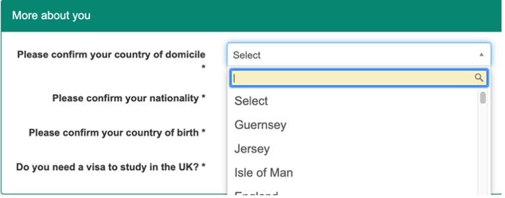 RISIS website drop-down of nationalities.