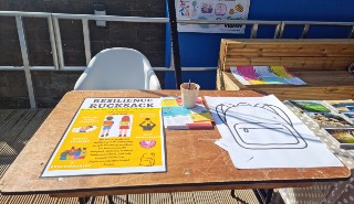 A poster and a picture of a rucksack on a school desk