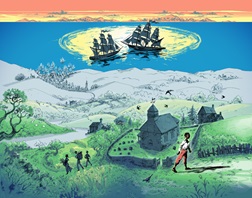 A computer generated image of a young black boy set against a church and countryside, with two ships on the sea in the background