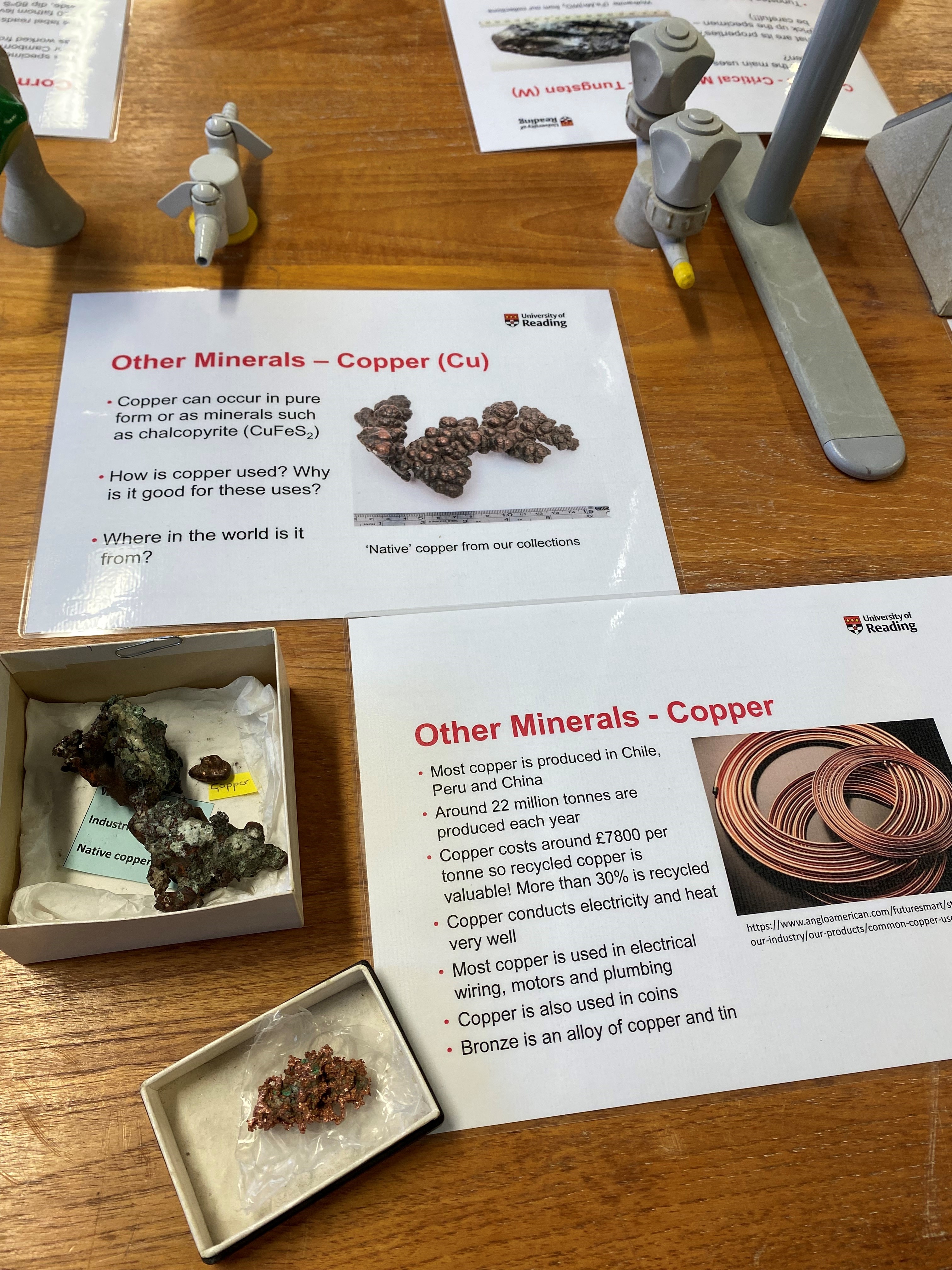 An information display, including specimens, about the mineral copper