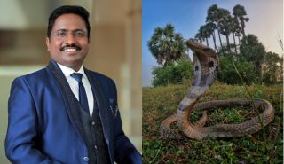 Split image with Sakthi Vaiyapuri one side and a cobra the other