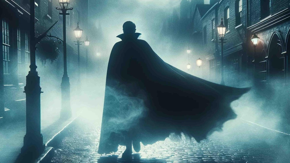 Dracula walking through a dark street