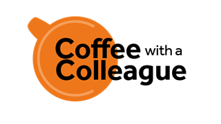 An orange coffee cup with the text 'Coffee with a Colleague"